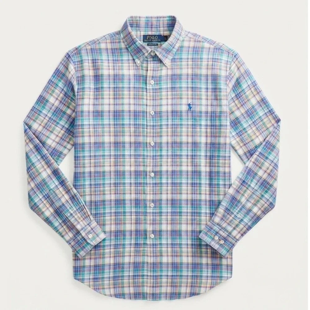 Polo Ralph Lauren Mens XLT Multi Color Plaid 100% Linen Cotton Button Down Shirt
